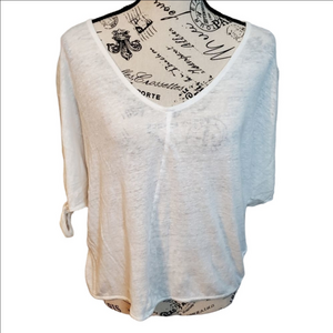 H&M Open Sleeve White Smi Sheer Keyhole Short Sleeve V Neck Jersey Size Medium